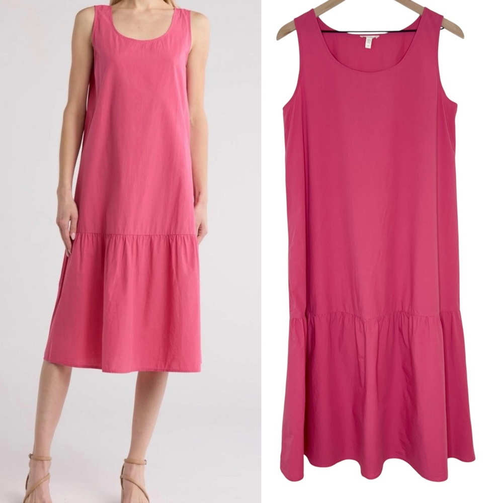 Eileen Fisher Washed Organic Cotton Poplin Tiered Midi Dress Geranium Pink Small